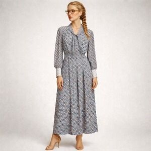 Nine West Dress Women XL Blue Retro 80s Long Sleeve Maxi‎ Tie Neck Karen Wheeler